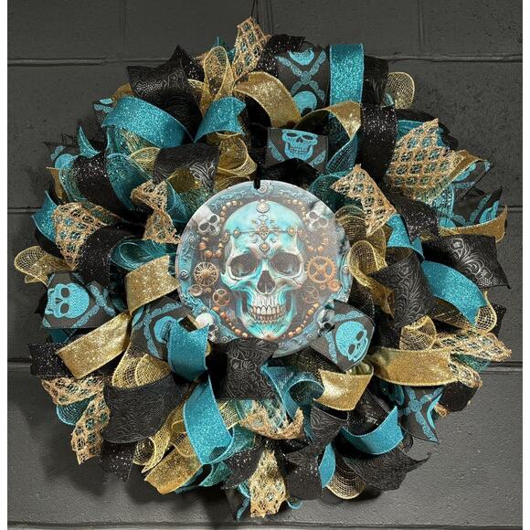 Handmade Halloween Wreath Teal Blue & Gold Steampunk Skull 24 Inch Deco Mesh - Picture 1 of 8
